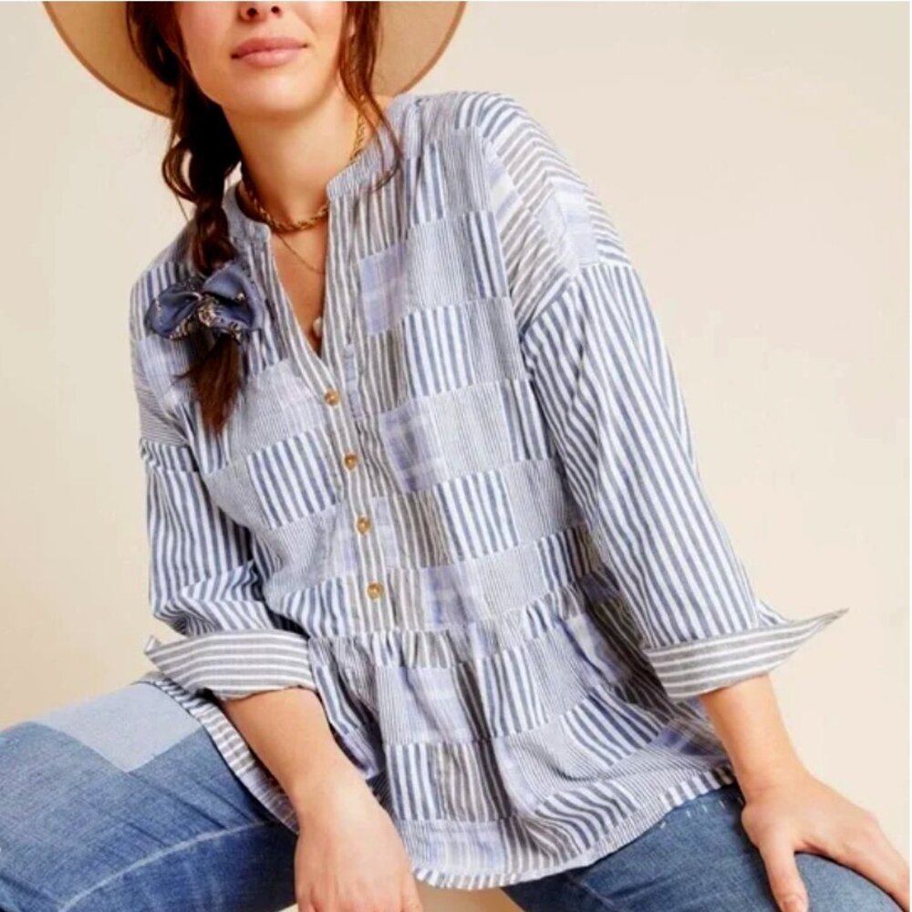 Anthropologie Maeve Zoe Striped Patchwork Linen Peplum Swing Top, M Blue